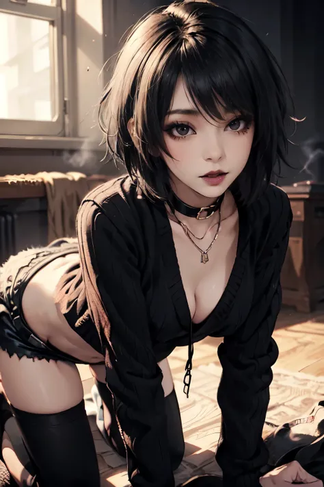 Girl, woman, emo_hairstyle, black lipstick, dog collar, eyeliner, eye shadow, smoky eyes, realistic lighting, short hair, cleavage, midriff sweater, short top, bottomless, no pants, all-fours.