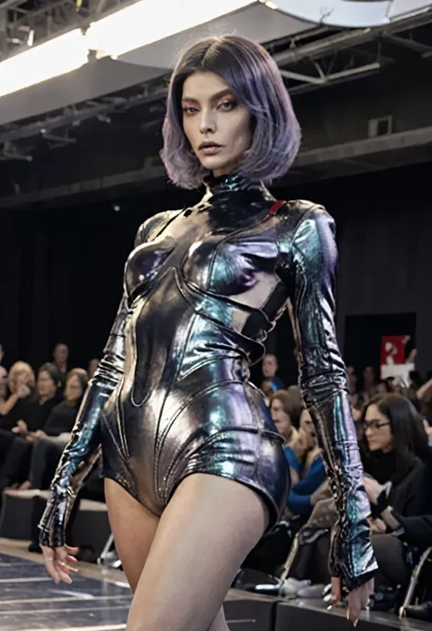 femmenine alien shows its extraterestrial beauty catwalking on a runway