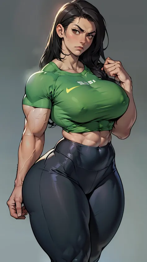 huge breasts huge breasts huge muscles muscular girl toned body bodybuilder grey background leggings tight shirt black hair yellow eyes pale skin long hair wide hips curvy thick thighs thick thick thick thick thick thick thick thick tight sad frown express...