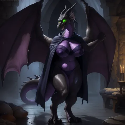 8k, fine details, hd, (ultra detailed), a beautiful and detailed full size portrait of the beautiful female anthro dragon, Maleficent, (((dragon tail, black body, purple skin,))), huge breaths, (((big , big , big, big , ((blue strapless bra, nipple outline...