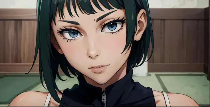 (masterpiece:1.2, best quality:1.2, beautiful, high quality, highres:1.1), detailed, extremely detailed 4K, perfect eyes, perfect face, perfect lighting, (1girl, solo, adult female, mature female), thin, lithe body, Maki Zenin, green hair, glasses, (big br...