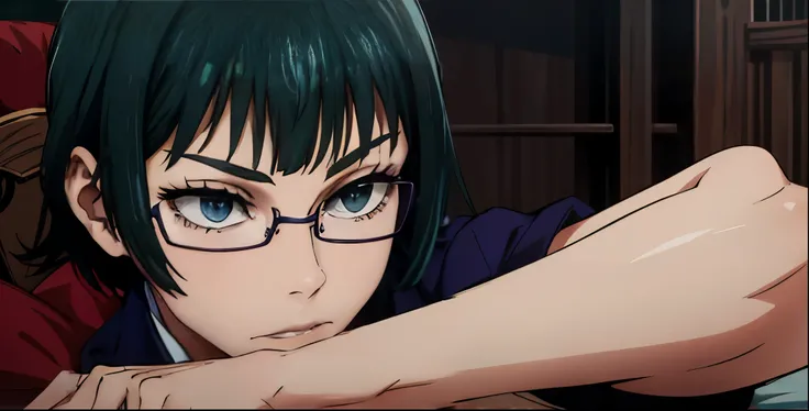 (masterpiece:1.2, best quality:1.2, beautiful, high quality, highres:1.1), detailed, extremely detailed 4K, perfect eyes, purple glasses, perfect face, perfect lighting, (1girl, solo, adult female, mature female), thin, lithe body, Maki Zenin, green hair, ...