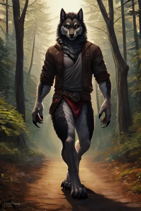 on e621,anthro,clothed,detailed fur,detailed eyes,bottomless,topwear,solo,male,werewolf,hi res,fur,digitigrade,look at viewer,front view,claws,walking,anatomically correct,forest,outside,full body