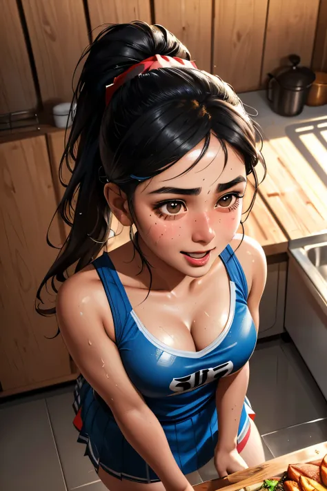 Afghan sporty girl, (26 years old), in the shack, kitchen, skirt, sweaty, excited expression, (from top view), (face and skin details), (masterpiece, best quality, highly detailed, hyper realistic) 