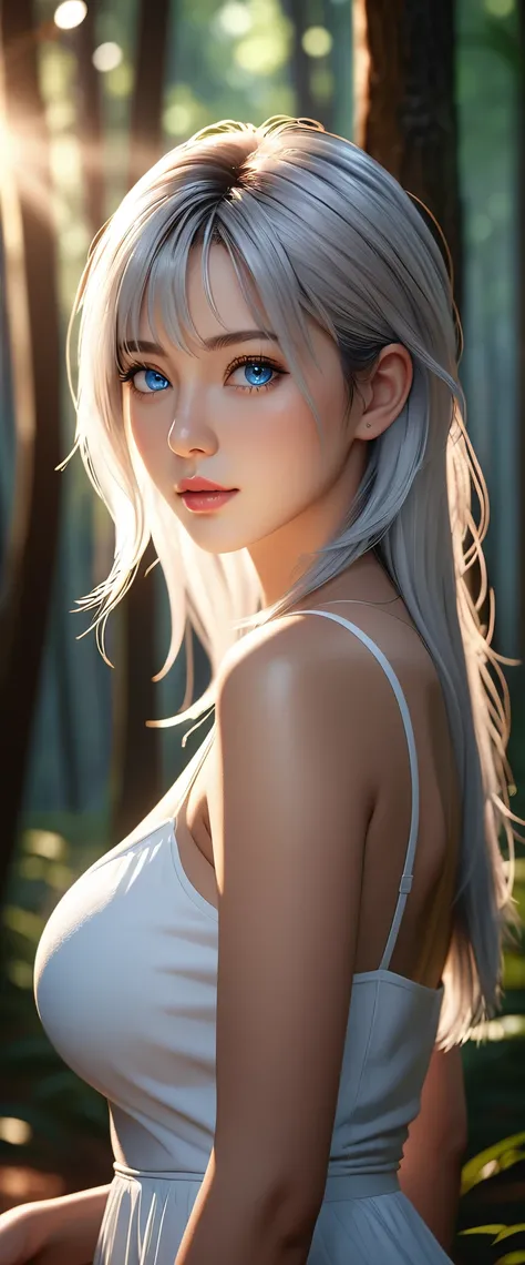 best quality, masterpiece, High resolution, portrait, actual, blue eyes, silver hair, Large Breasts, 8K resolution, high qualityCG, Beautiful CG, Soft Light, fashion brand image, The Tyndall effect, lifelike, forest, Side lighting, (HD Skin:1.2), 8K超高清, Se...