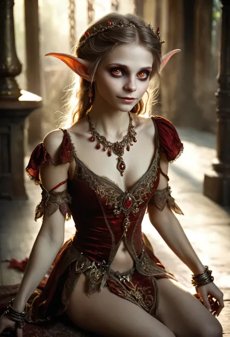 (Realisttic:1.2), analog photo style, (cute goblin wooman looking like elf, intensed red eyes, surrounded by a gloomy antique setting), (her full body s a visual pleasure), faint smile, soft shading expresses beautiful skin texture, sexy and seductive, Gra...