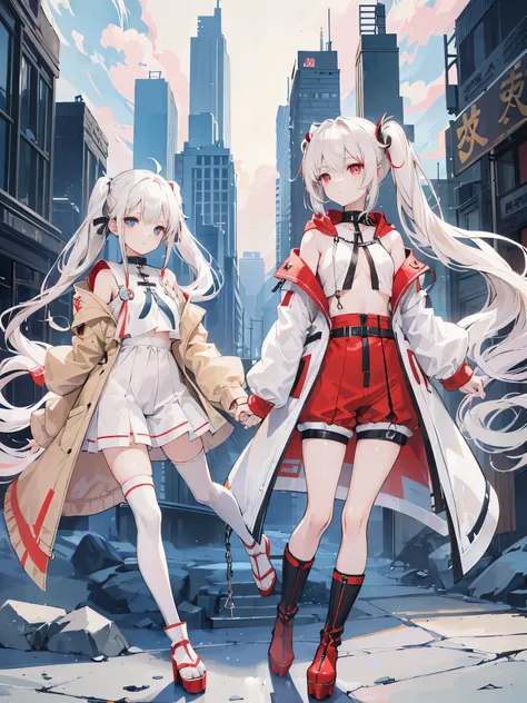 2 girls、(Beige hair and red eyes)、(White hair and blue eyes)、Twin tails、hair length up to chest level、Shiny Hair、Closed Mouth、large long coat、Belly button exposed、Shorts、Platform boots、chain、It is set in stone、whole body、Simple background、