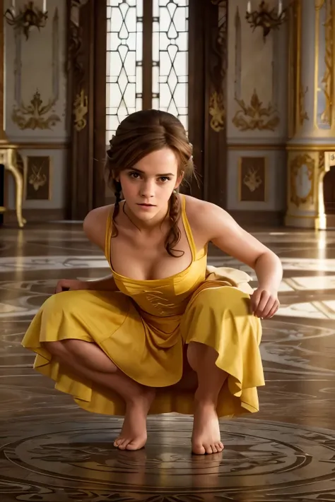 from below, emma watson as belle (beauty and the beast), squatting, open shirt, dress lifting, barefoot, toes