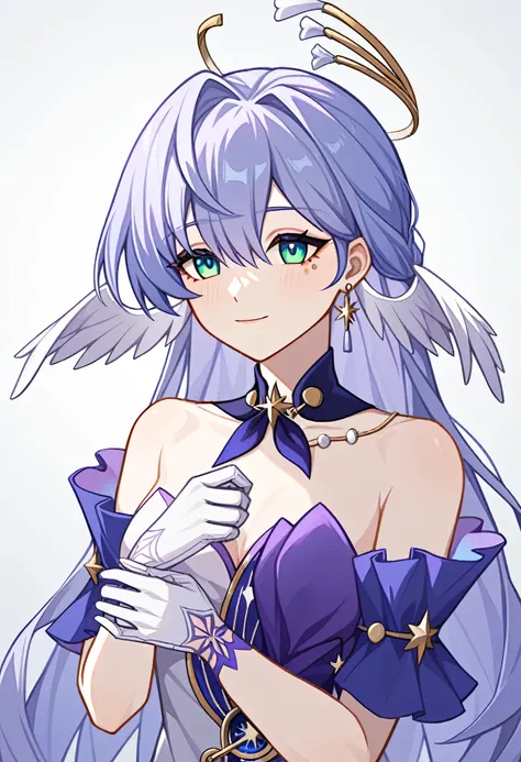 1girl, robin_(honkai:_star_rail), bare_shoulders, head_wings, white_dress, white_gloves, detached_sleeves, short_sleeves, aqua_eyes, long_hair, halo, purple_dress, hair_between_eyes, earrings, purple_hair
