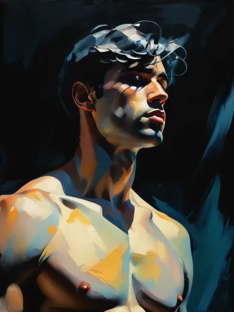 chiaroscuro technique on sensual illustration of an arafed man in white underwear, sexy masculine, diego fazio, male model, by Ludovit Fulla, model with attractive body, inspired by Ludovit Fulla, mid-shot of a hunky, the model draped in flowing, thick oil...