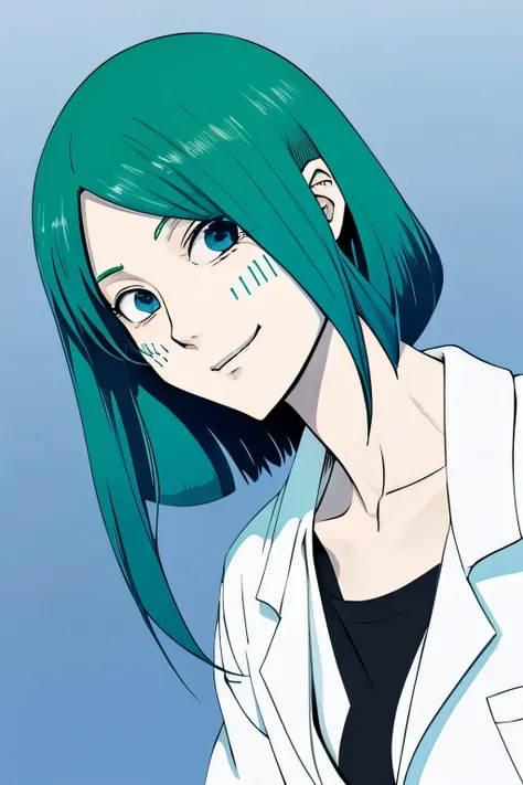 masterpiece, best quality, ((1man)),blue hair,green eyes,serious expression, smiling,waist up,line art,medium hair,white blazer,black t-shirt,expressionless eyes,((Tite Kubo style))