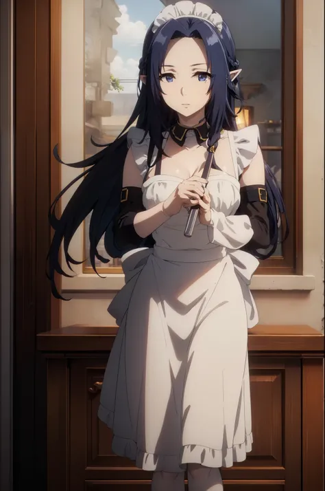 best quality, dark blue hair,,long hair,blue eyes,pointy ears,elf,,masterpiece, highres, solo, (maid:1.40), (long maid dress:1.15), anime_style, 14
