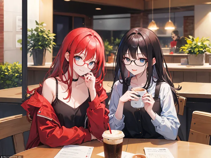 A red-haired woman and a black-haired man wearing glasses are drinking coffee and talking happily while facing each other at a table, it&#39;s raining at night, 28 years old
