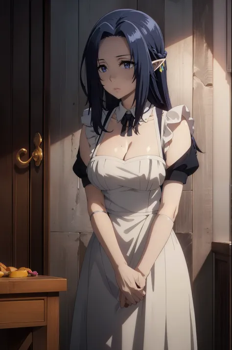 best quality, dark blue hair,,long hair,blue eyes,pointy ears,elf,,masterpiece, highres, solo, (maid:1.40), (long maid dress:1.15), anime_style, 14
