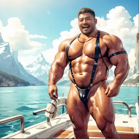 A handsome Asian actor，35 years old，High target, Fitness，short hair, O-Shaped Beard，Perfect body, Dark skin color，Radiant Skin，Smooth skin，Muscle bulge, muscular, Very large pectoral muscles，Very sexy abdominal muscles，Very well-developed leg muscles，Huge ...