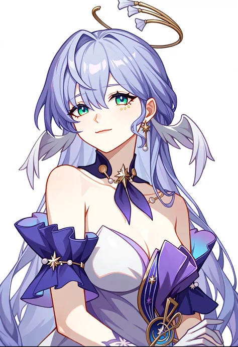 1girl, robin_(honkai:_star_rail), bare_shoulders, head_wings, white_dress, white_gloves, detached_sleeves, short_sleeves, aqua_eyes, long_hair, halo, purple_dress, hair_between_eyes, earrings, purple_hair