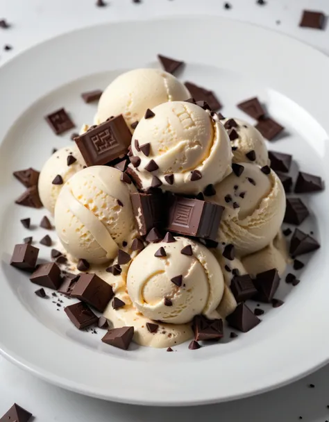 (vanilla ice cream with chocolate chips and pieces of chocolate on a white plate), closeup, macroscopic photo, hyperdetalization, hyperrealism, beautiful foreshortening, cinematic, glow, reflexes, illuminated ((dominant three colors))