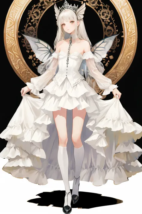  ((best quality)), ((masterpiece)), (detailed), a heavenly female knight, imposing, biblical, NSFW, long white grey hair, grey white eyes, very skinny, detailed, best quality, prominent collarbones, skinny arms, flat stomach, visible hip bones, small breas...