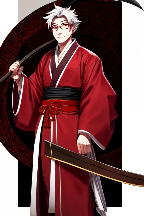 a character with 1,85 tall, 20 years old, white hair with red hair tips, He wears glasses with a small transparent lens, your eye is red, he wears a stylish samurai kimono, red with white. in his hands he holds a 100cm long double scythe