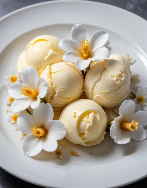 (vanilla flowers and vanilla ice cream on a white plate), closeup, macroscopic photo, hyperdetalization, hyperrealism, beautiful...