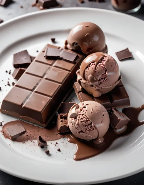 (chocolate bar and pieces of chocolate and chocolate ice cream on a white plate), closeup, macroscopic photo, hyperdetalization, hyperrealism, beautiful foreshortening, cinematic, glow, reflexes, illuminated ((dominant three colors))