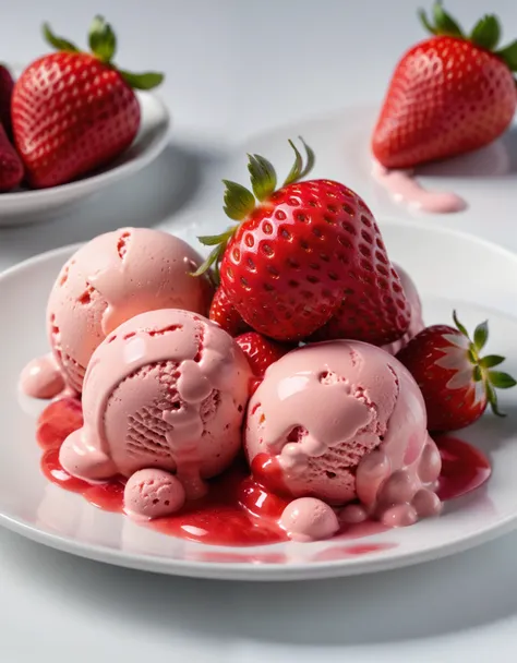 (strawberry berry and strawberry ice cream on a white plate), closeup, macroscopic photo, hyperdetalization, hyperrealism, beautiful foreshortening, cinematic, glow, reflexes, illuminated ((dominant three colors))