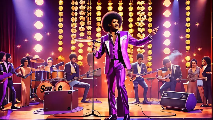  A dynamic 1970s scene featuring fictional R&B star Ronnie Sampson passionately singing on stage in a smoky nightclub. Ronnie, with his iconic afro, is dressed in a stylish suit with wide lapels and flared pants. The stage is bathed in dim, colorful lights...