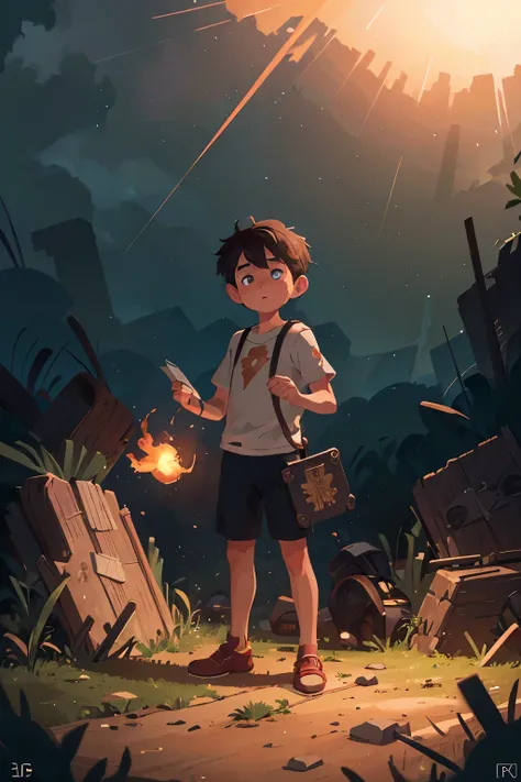 (masterpiece, breathtaking detail)
1. Boy, sole figure, holding an open book tightly, gazing withwide-eyed amazement at a massive, swirling nuclear explosion in the distance. The scene is shrouded in a hazy, apocalyptic glow, with intricate patterns of smo...