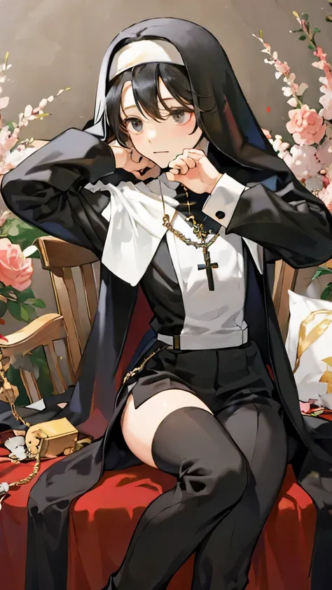 (ultra-detailed, fragile male body: 1.5, shy boy expression: 1.2), (black hair, litlle bit long), (the boy praying), (black eyes, expressive and full of emotion), (blush, rosy and shy), (femboy nun outfit: 1.4), (heavenly shine)

BREAK, intricately designe...