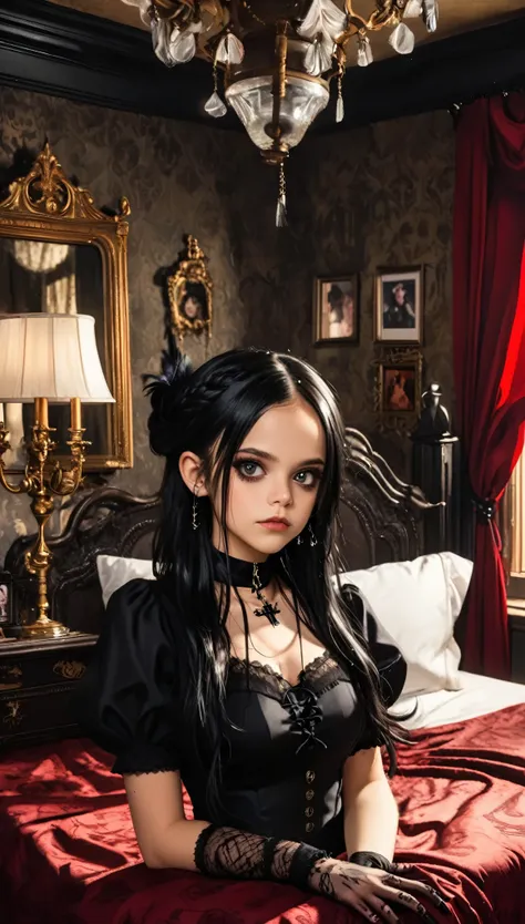 A young woman with long black hair styled in two braids and wears minimal makeup with dark eyeliner, sexy goth, Wednesday Addams (Jenna Ortega). The setting is a old Victorian bedroom with McCabe ornate decorations with a (Duotone {red and black]) silk bed...