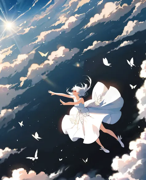 masterpiece, best quality, high quality, ultra quality, wallpaper, cinematic, 1girl, white dress, flying, white hair, red eyes, ...