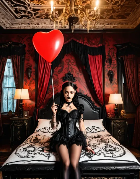 A young woman with long black hair styled in two braids and wears minimal makeup with dark eyeliner, black lipstick, sexy goth, Wednesday Addams (Jenna Ortega). The setting is a old Victorian bedroom with McCabe ornate decorations with a (Duotone {red and ...