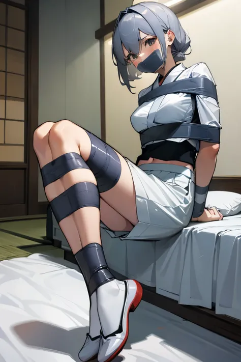 Japanese girl, grey hair, white crop top, White skirt, ballet flats shoes, sitting on bed, tied up, tape gagged, taped arms, taped hands, taped thighs, taped legs, taped feet