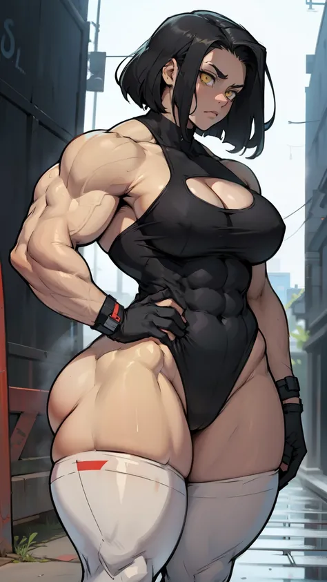 wide hips curvy thick thighs voluptuous large breasts muscular toned body bodybuilder black hair pale skin yellow eyes skintight expressionless sad sad