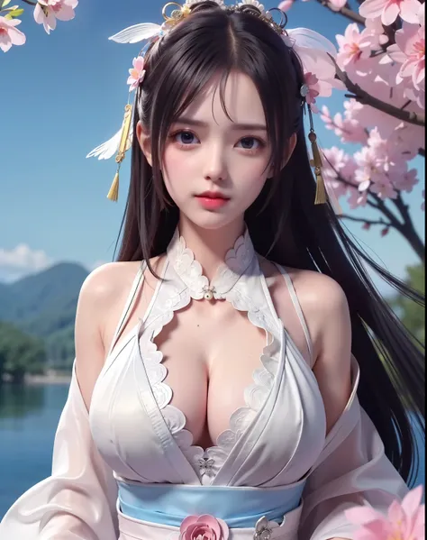 (8k, RAW photo:1.2), best quality, ultra high res,dramatic angle,(fluttered detailed color splashs), (illustration),(((1 girl))),(long hair),(rain:0.9), (Headdress:1.4),There is an ancient palace beside the girl,Hanfu,(Key Points),Color ink painting,(Splas...