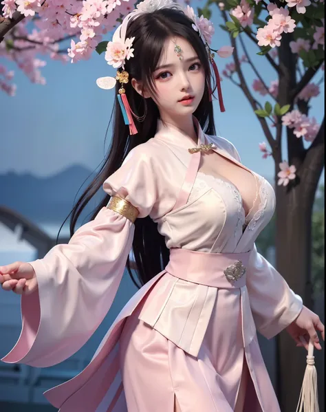 (8k, RAW photo:1.2), best quality, ultra high res,dramatic angle,(fluttered detailed color splashs), (illustration),(((1 girl))),(long hair),(rain:0.9), (Headdress:1.4),There is an ancient palace beside the girl,Hanfu,(Key Points),Color ink painting,(Splas...