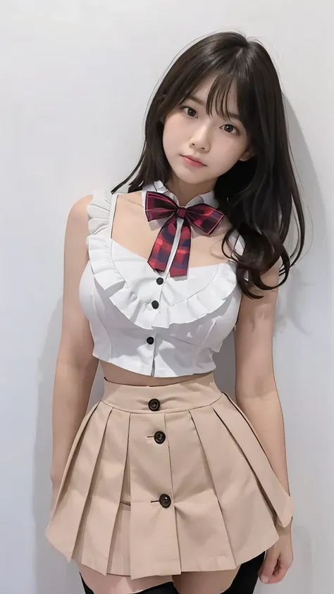 Perfect Anatomy、idle, (school festival frilled costume:1.3),(mini skirt:1.3),zettai ryouiki,bow tie,hair ribbon,large breast,(button gap:1.1),sleeveless,cuffs,tights