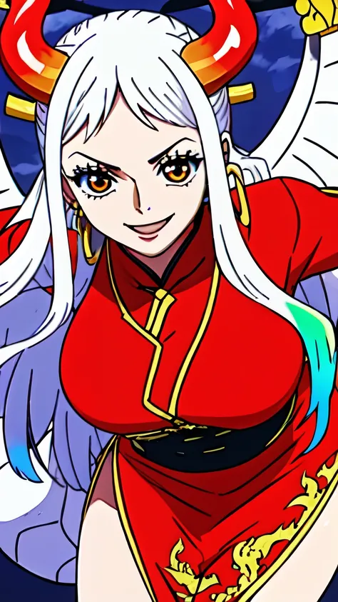 (masterpiece, best quality, high , 8k:1.2),anime, Ultra-detailed, Yamato, White hair, Earrings, 1 girl, Smiling,Colorful hair, Dynamic Angle, Solo, Horns, Green hair, Long hair, Jewelry, Large breasts, (Dragon patterned Chinese dress:1.2)