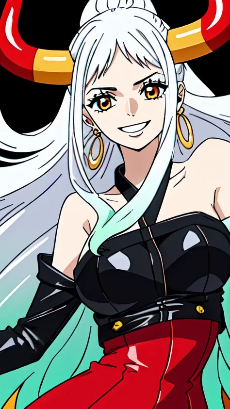 (masterpiece, best quality, high , 8k:1.2),anime, Ultra-detailed, Yamato, White hair, Earrings, 1 girl, Smiling,Colorful hair, Dynamic Angle, Solo, Horns, Green hair, Long hair, Jewelry, Large breasts, (Black leather dress, off shoulder, earrings:1.2)