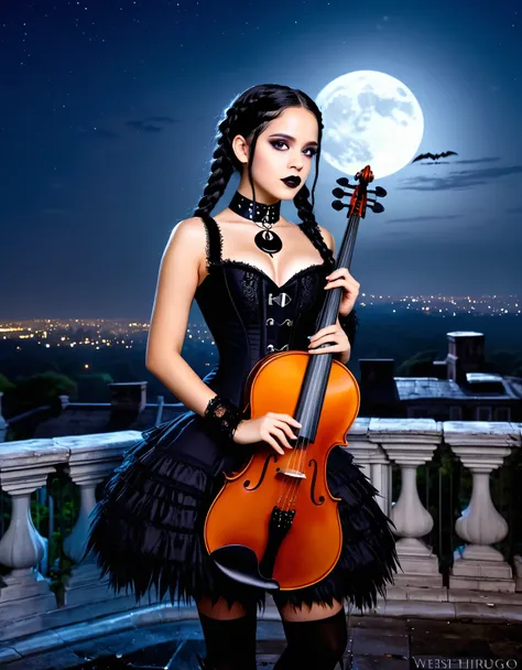 A young woman with long black hair styled in two braids and wears minimal makeup with dark eyeliner, black lipstick, sexy goth, Wednesday Addams (Jenna Ortega). Jenna Ortega as Wednesday Addams. The setting is on the roof top of an old decaying mansion at...