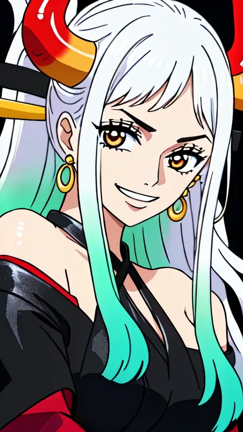 (masterpiece, best quality, high , 8k:1.2),anime, Ultra-detailed, Yamato, White hair, Earrings, 1 girl, Smiling,Colorful hair, Dynamic Angle, Solo, Horns, Green hair, Long hair, Jewelry, Large breasts, (Black leather dress, off shoulder, earrings:1.2)