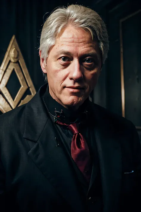 Bill Clinton as a masonic overlord, dystopian dark atmosphere. Close up face