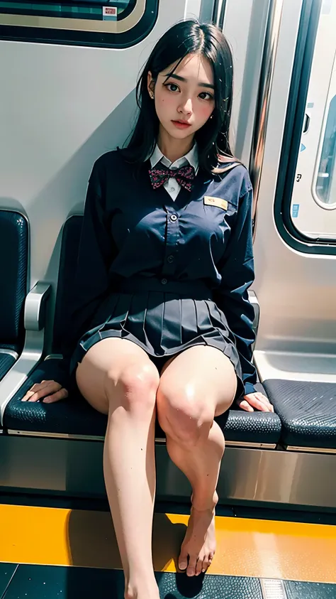 "(Masterpiece, High Definition, Ultra High Definition, 4K) Black hair, 14 years old Japan girl, uniform skirt, emphasizing thighs, white thighs, soft thighs, glossy thighs, sitting on the train, face-to-face angle, (angle from below),sitting in the train s...