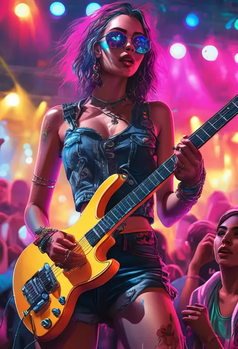 a music festival,1girl,standing on stage,playing an electric guitar,surrounded by a large crowd,colorful lights,smoke machine,ro...