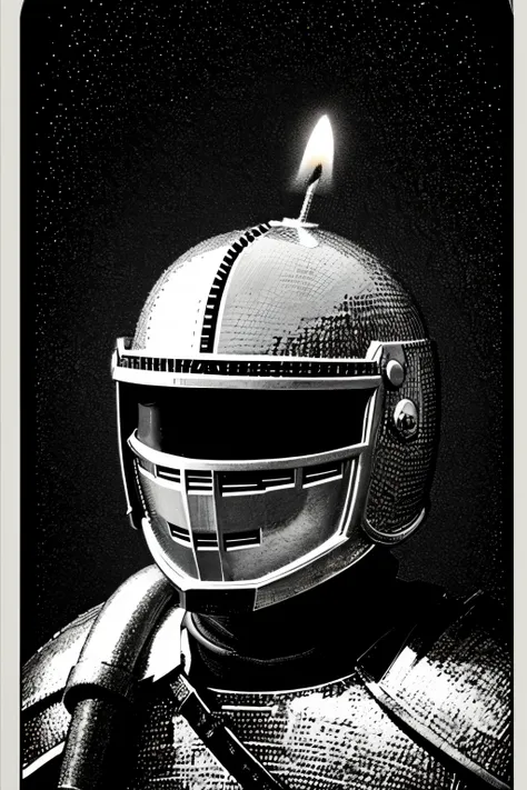 Knight with candle on helmet , 8-bit, black and white