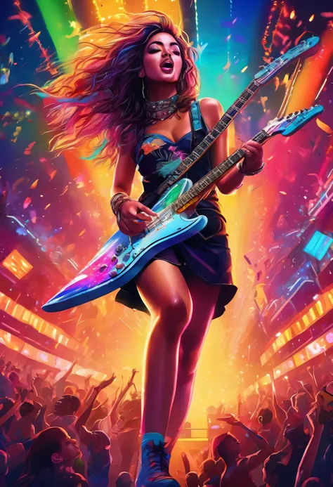 a music festival,1girl,standing on stage,playing an electric guitar,surrounded by a large crowd,colorful lights,smoke machine,rock music,high energy,vibrant atmosphere,detailed facial features,beautiful detailed eyes,beautiful detailed lips,extremely detai...