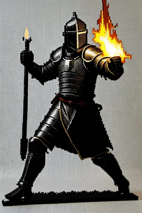 A knight on fire, 8-bit, black and white