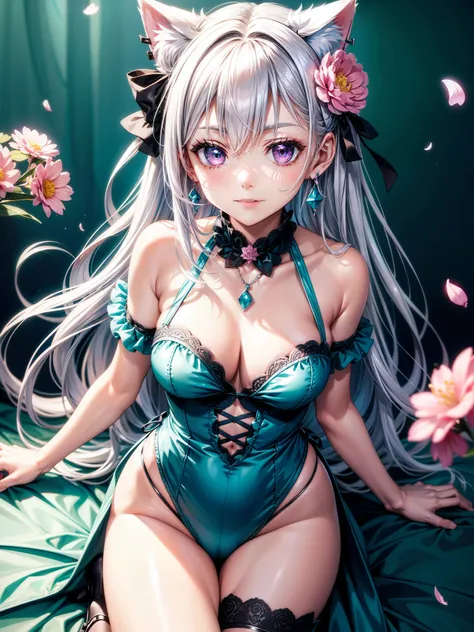 Silver hair, pink eyes, body, cat ears, adult girl, earrings, flower  background, teal blue clothes, hair bows, happy face, thigh up