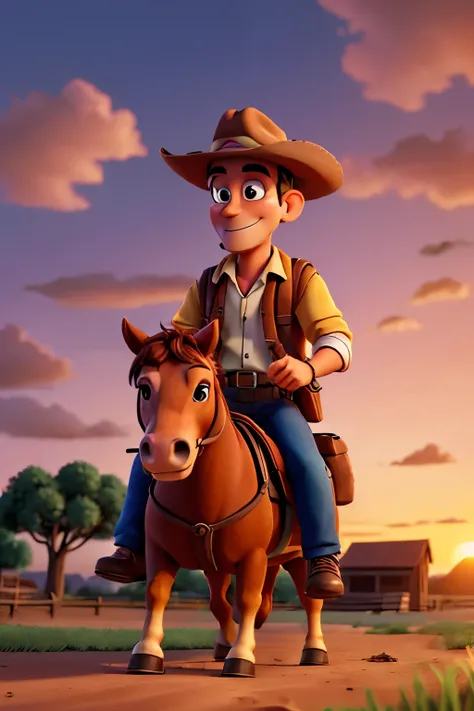 ((Best Quality)), ((background a sunset)), (HD), 1 woody )with a Havana cigar) driving his horse target shooting,  and food deliveryman backpack in animation