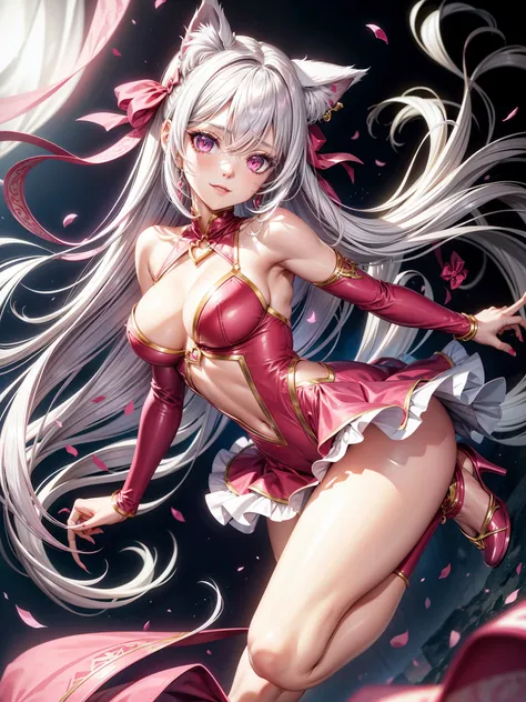 Silver hair, pink eyes, body, cat ears, woman, earrings, fantasy background, pink red clothes, hair bows, happy face, thigh up